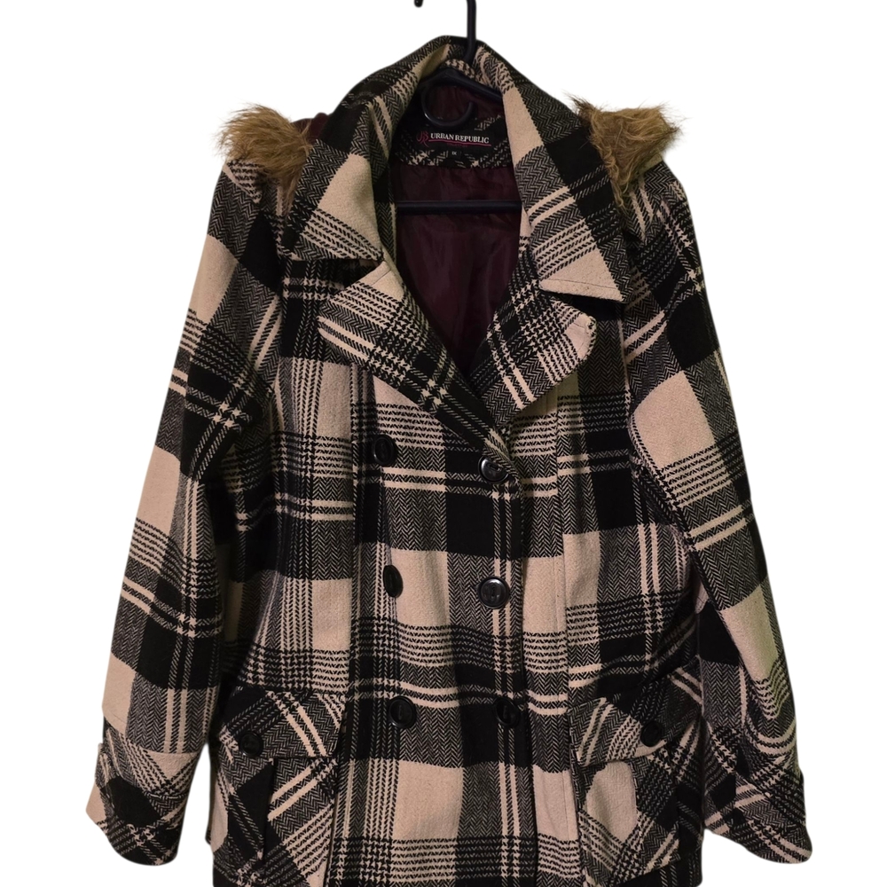 Urban Republic Black and Cream Plaid Pea‎ Coat 1X